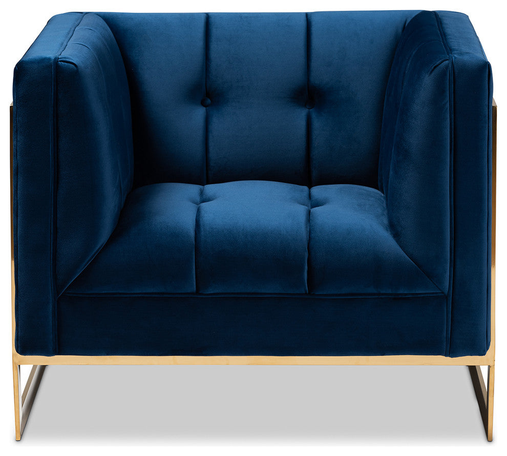 Rolland Royal Blue Velvet Button Tufted Armchair With Gold-Tone Frame