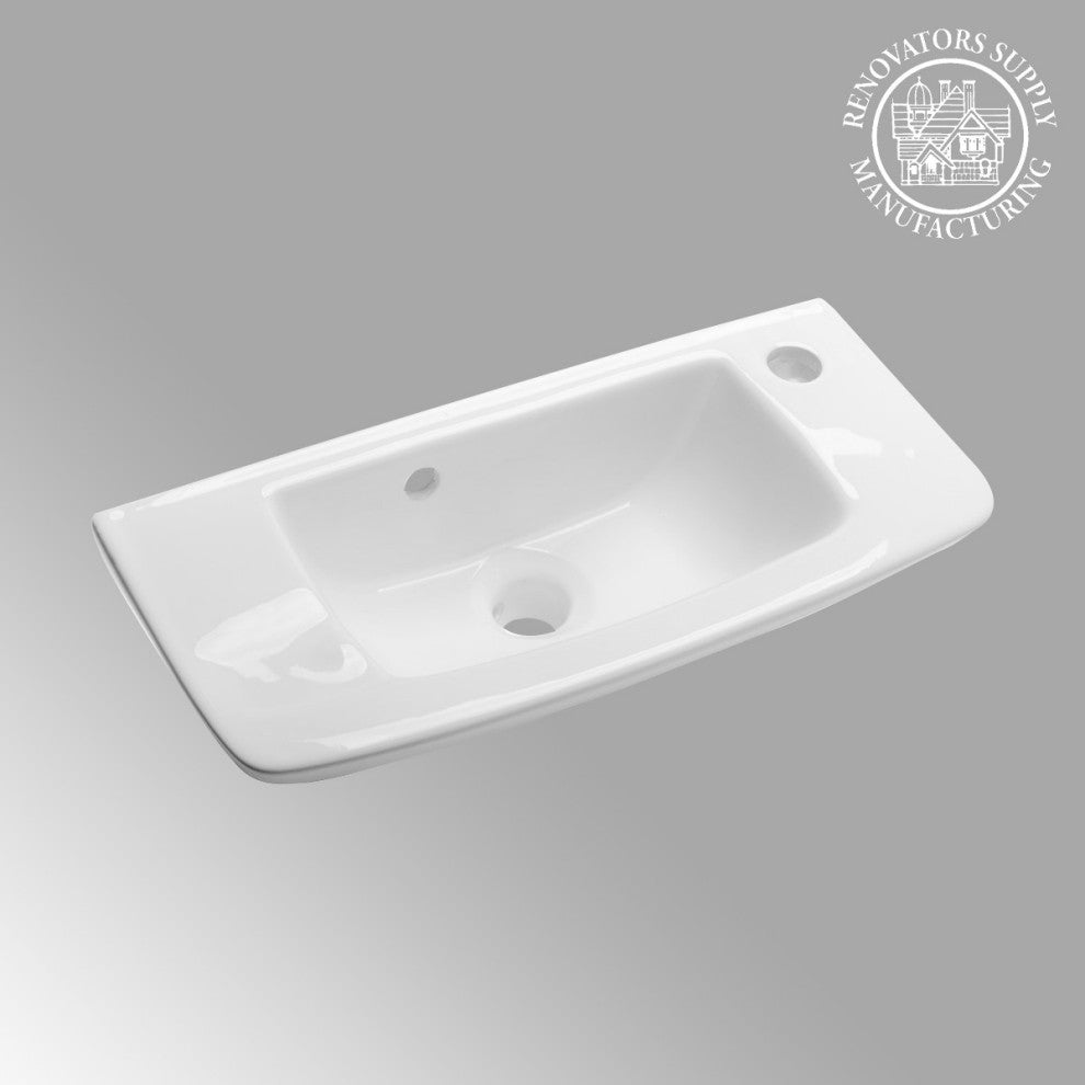 White Rectangular Wall Mount Bathroom Vessel Sink With Overflow and Faucet Holes