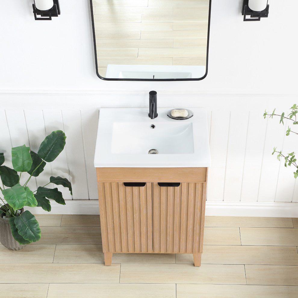 Palos Bathroom Vanity, Fir Wood Brown, 24", Ceramic Top, No Mirror