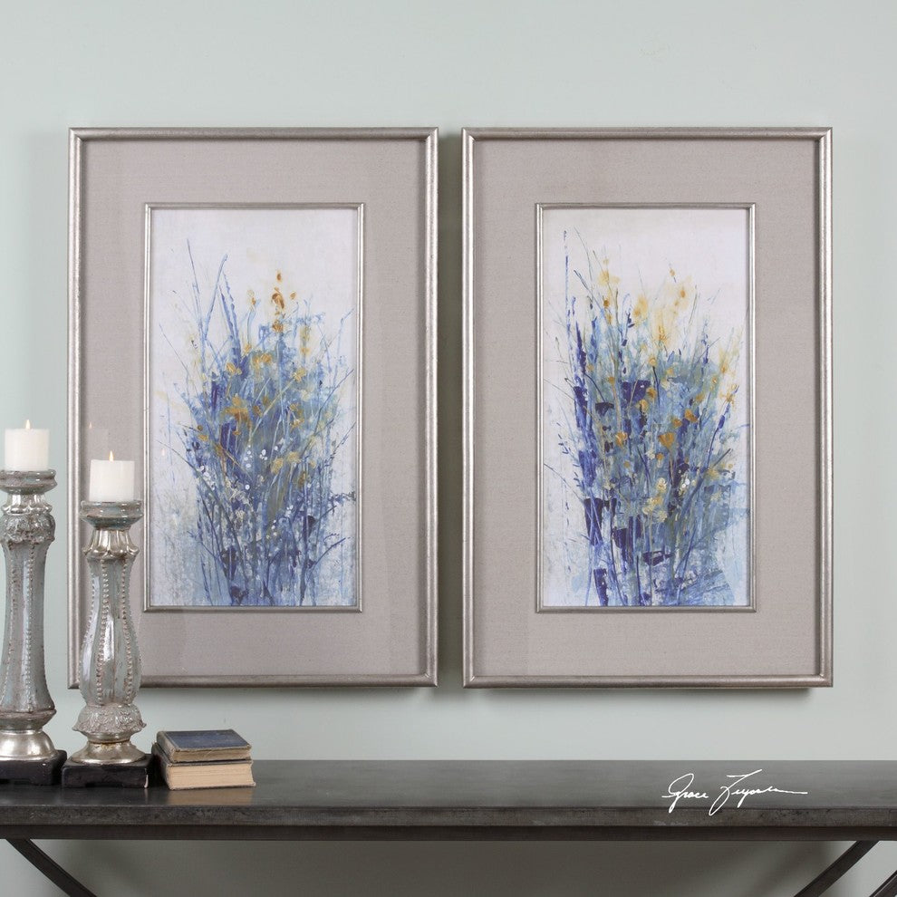 Blue Floral Stems Wall Art, Yellow Flower Framed Painting Print, 2-Piece Set