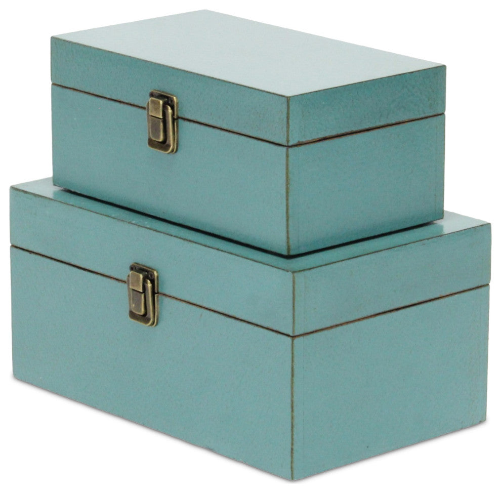 Wooden Keepsake Boxes, Set of 2, Teal