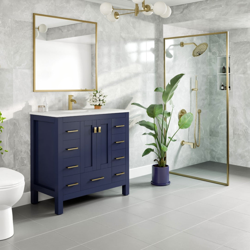 Eviva Hampton 36" Blue Vanity With White Quartz Top