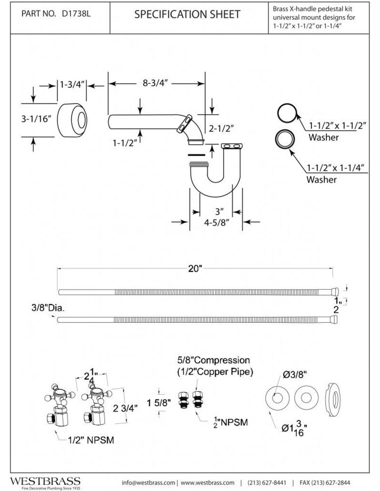 Victorian Pedestal Lavatory Kit - Cross Handles In Polished Brass, Polished Brass