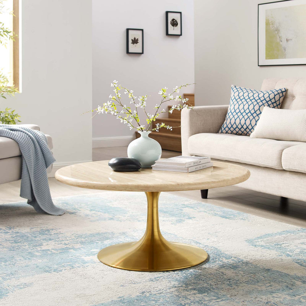 Lippa 36" Round Artificial Travertine Coffee Table, Gold Travertine