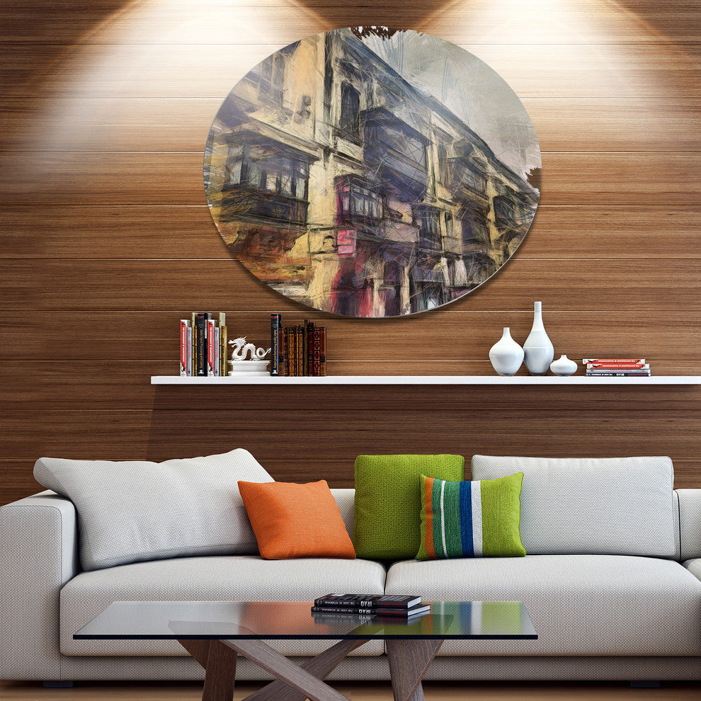 Old City Street Watercolor Painting, Cityscape Disc Metal Artwork, 36"