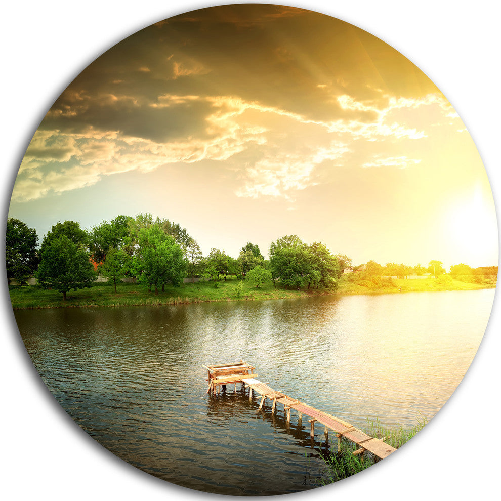 Lake Under Evening Sun, Landscape Photo Round Metal Wall Art, 11"