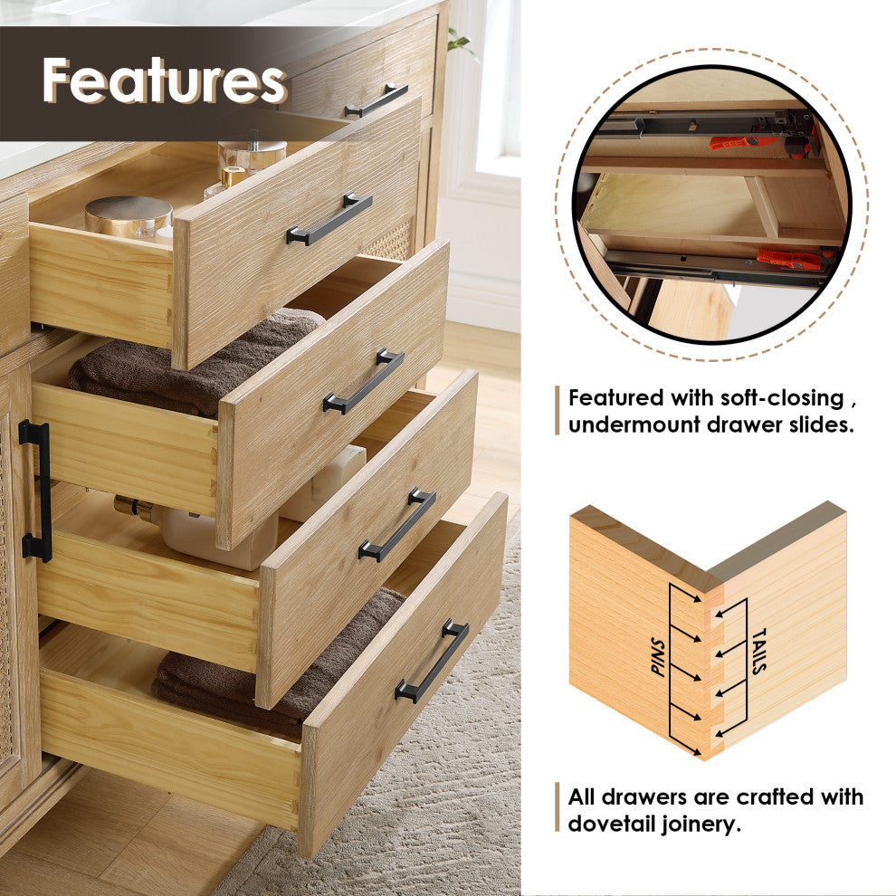 Solana Bathroom Vanity with Calacatta White Quartz Stone Countertop, Weathered Fir, 72", Without Mirror
