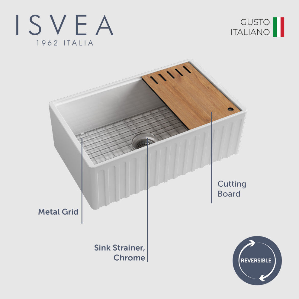 ISVEA 30" Apron Front Single Bowl Farmhouse Fireclay Kitchen Sink, Workstation