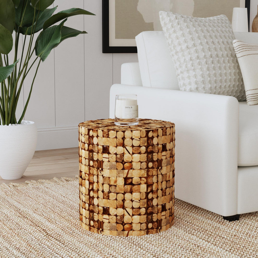 Coconut Shell Inlay Round Accent Table by East at Main, Columbia Brown