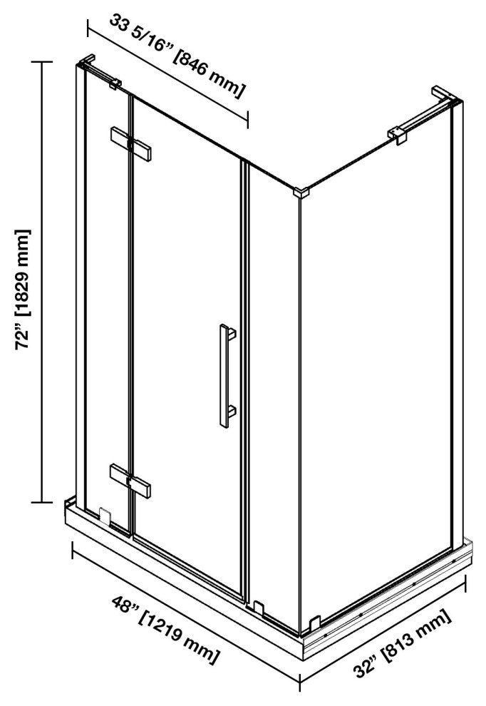 Tampa Corner Frameless Pivot Hinge Shower Door Kit With Base Pan, Black, 48x36"