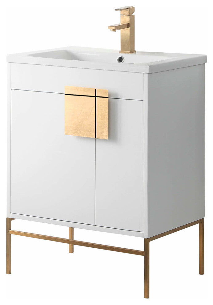 Modern White Bathroom Vanity Set, Satin Brass Hardware, Vireous China Sink Top