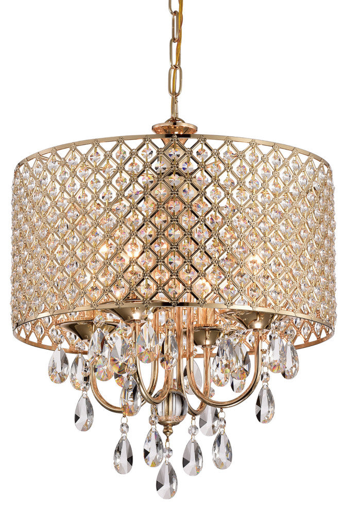 4-Light Rose Gold Round Beaded Drum Chandelier With Hanging Crystals