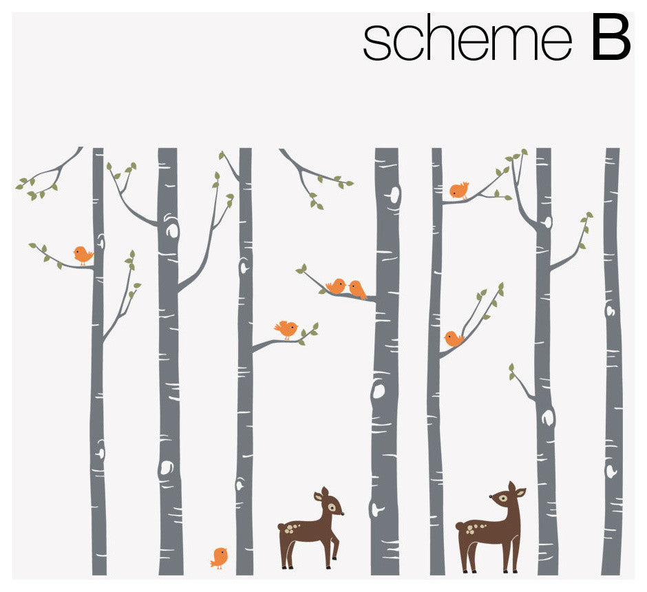 Birch Tree with Bird and Deer Wall Decals, Scheme B, Large