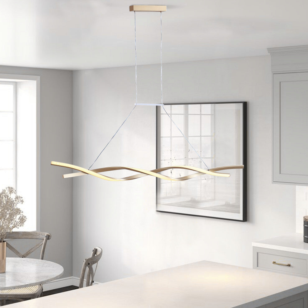 1-Light LED Linear Wavy Pendant Light Chandelier, Gold