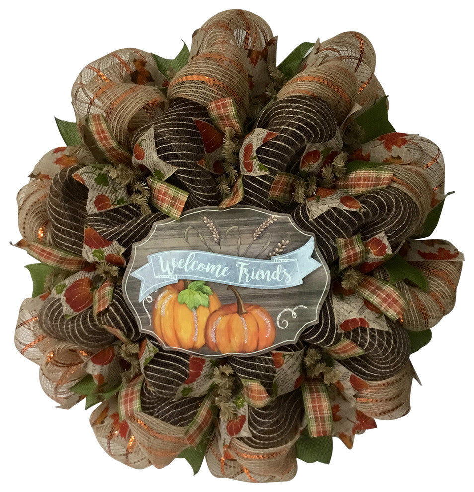 Welcome Friends Burlap Deco Mesh Harvest Wreath