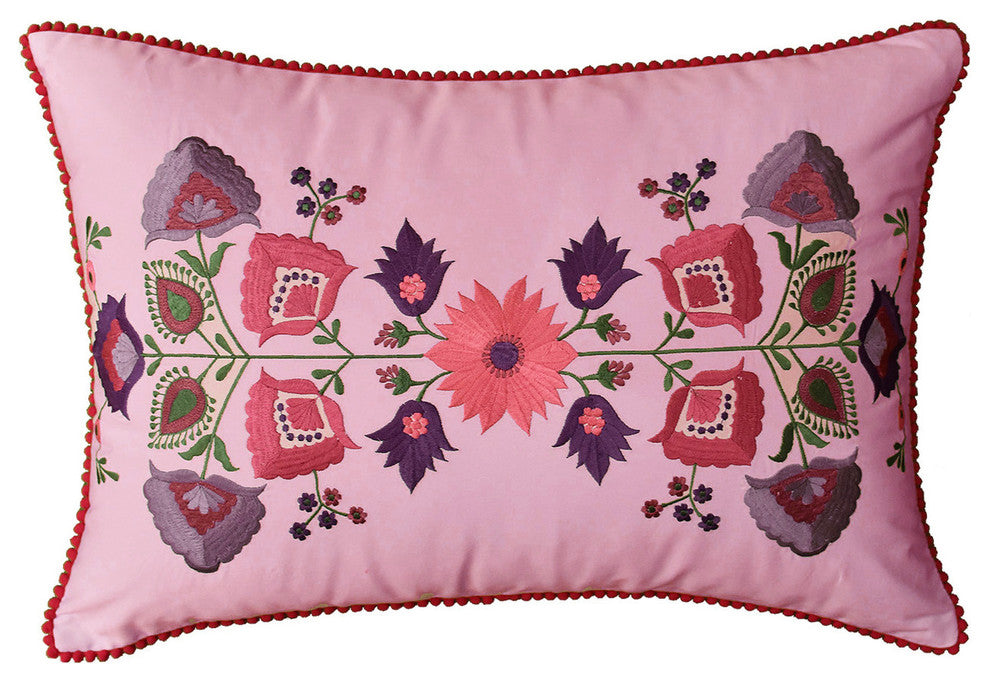 Lumbar Lavender Floral Cotton Decorative Pillow Cover Silk Embroidery  18x18"
