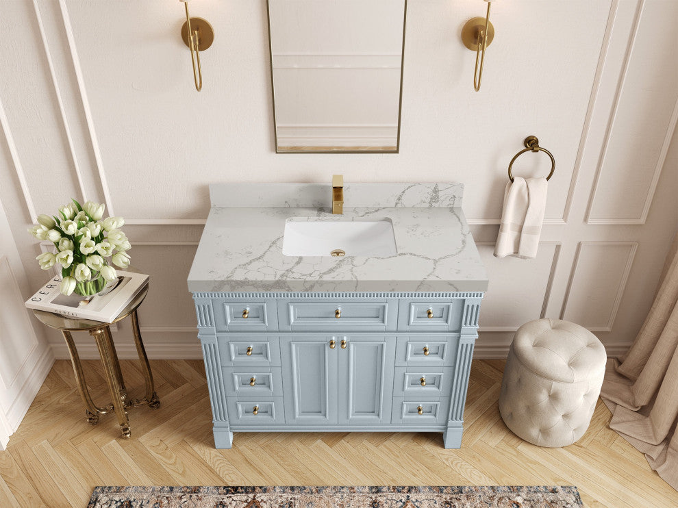 Paris 42" Single Sink Bathroom Vanity, Blue Heather 2" Venatino Quartz