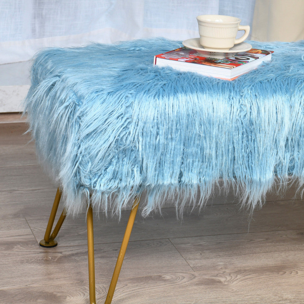 Mongolian Faux Fur Upholstered Ottoman Bench, Forget Me Not, 46x16x22