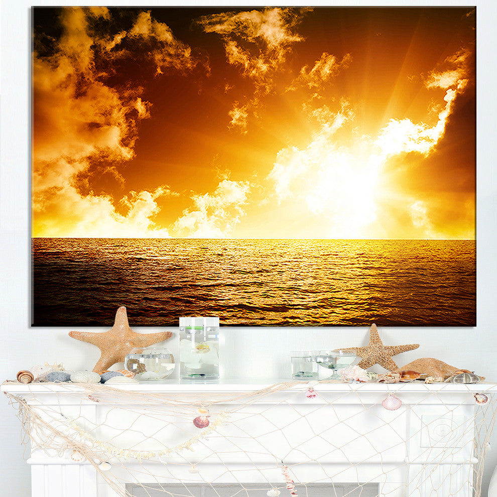 "Fiery Sunlight in Beach During Sunset" Seashore Canvas Wall Art, 32"x16"