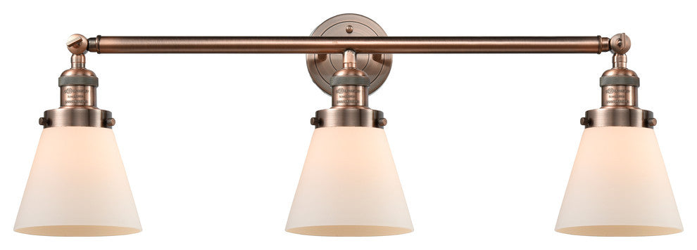 Small Cone 3-Light Bath Fixture, Matte White Cased Glass, Antique Copper