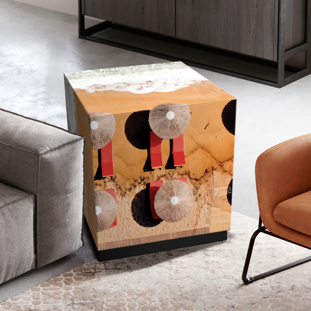 "Beach Bliss II" Reverse Printed Beveled Glass Side Table with Black Plinth Base