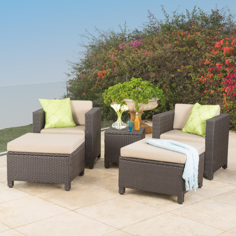 GDF Studio 5-Piece Venice Outdoor Wicker Chat Set With Water Resistant Cushions, Beige