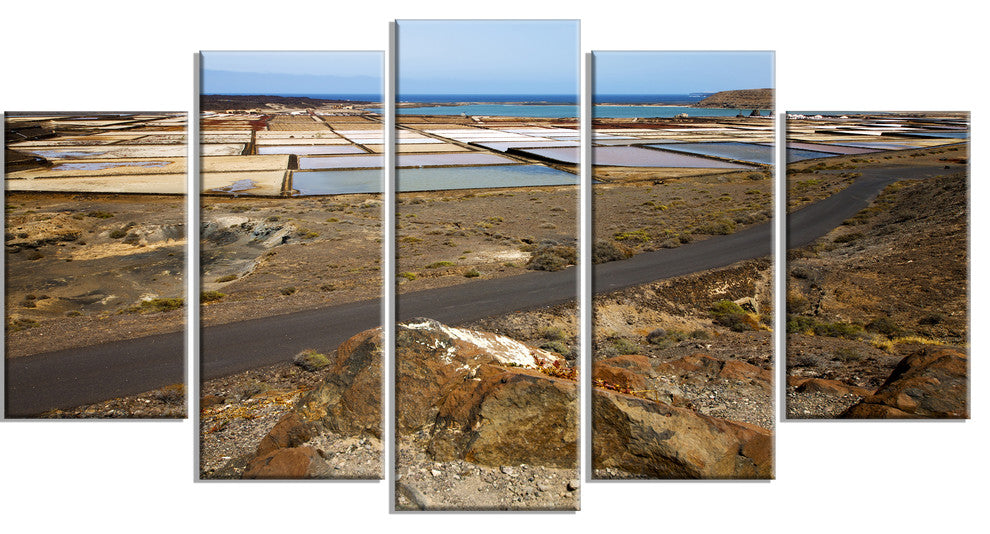 "Salt in Lanzarote Spain Musk Pond" Seascape Wall Art, 5 Panels, 60"x32"