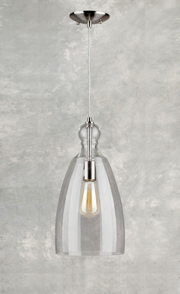 1 Light Cord-Hung Glass Mini Pendant, Brushed Nickel, Clear Glass