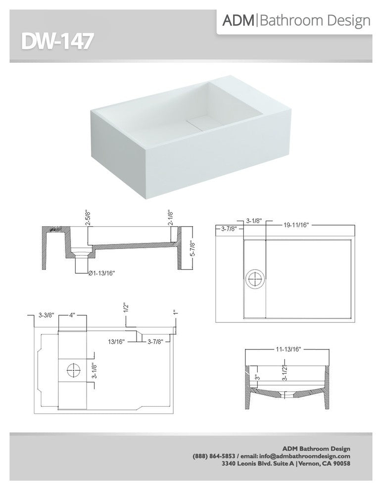 ADM Rectangular Wall Mounted Sink, White, 20", On-Left