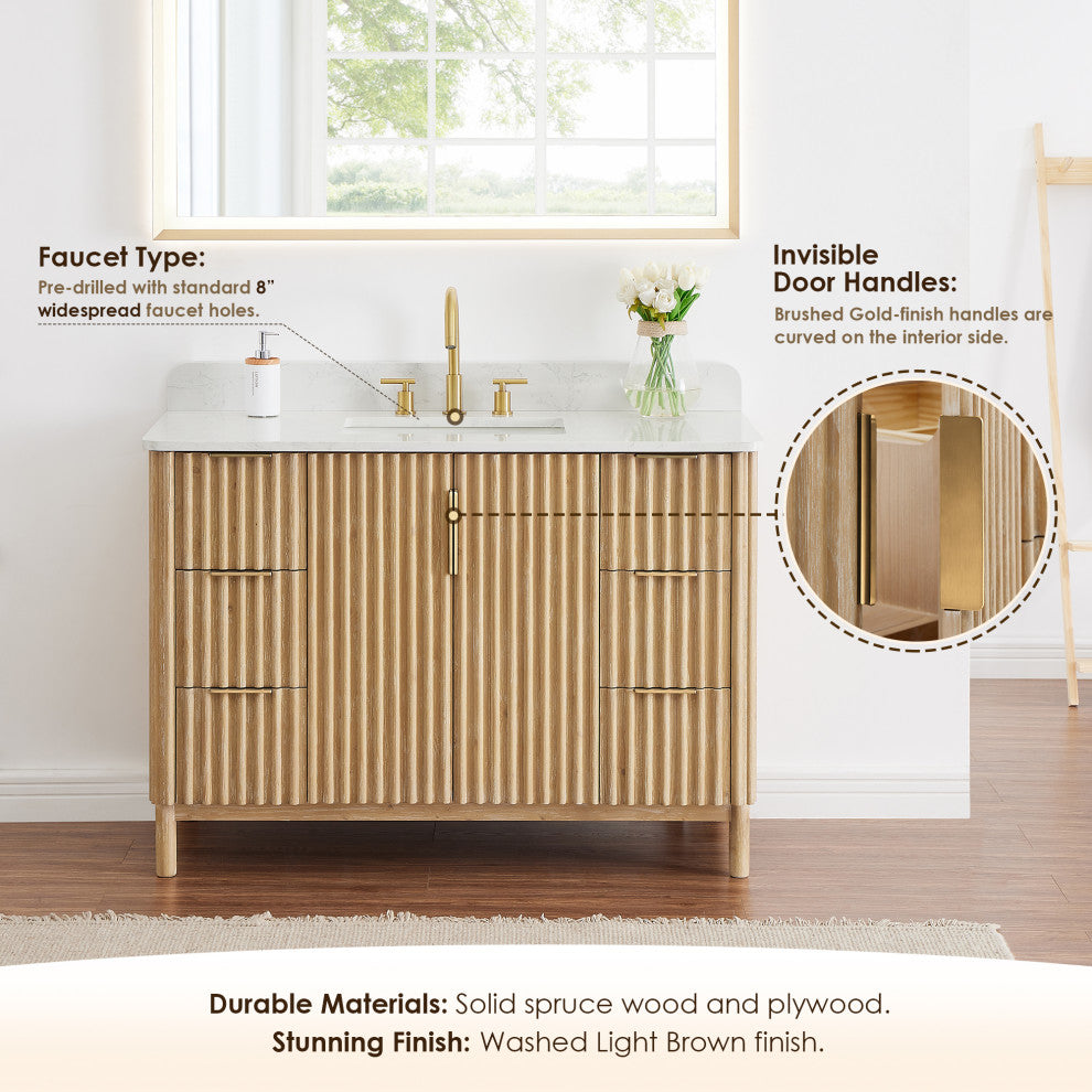 Sierra Bathroom Vanity, Washed Light Brown, 48inch, Without Mirror