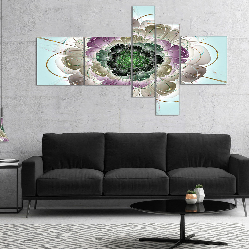Dark Blue Fractal Flower Pattern, Abstract Wall Art Canvas, 60"x32", 5 panels