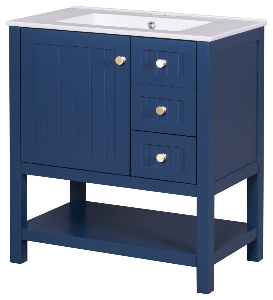30 Inch Transitional Style Bathroom Vanity Cabinet Combo with Ceramic Sink, Blue