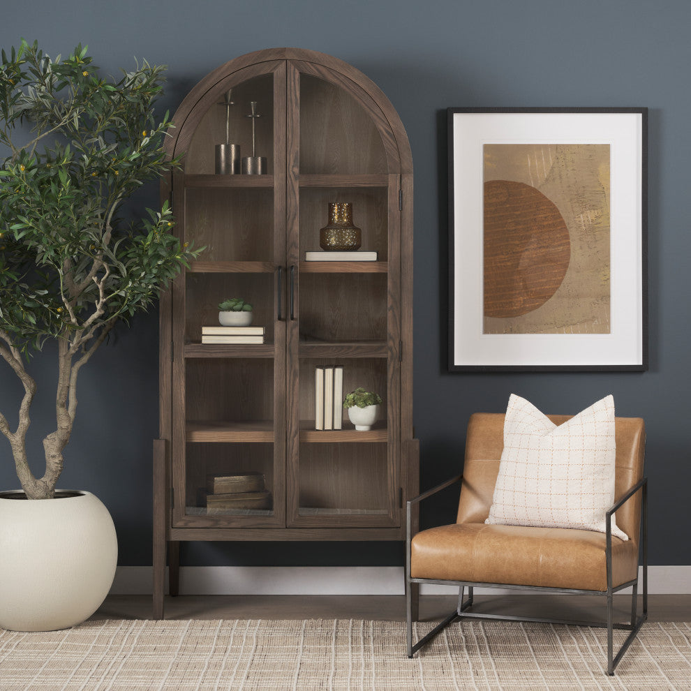 Stratton Gunmetal With Genuine Brown Leather Upholstered Accent Chair