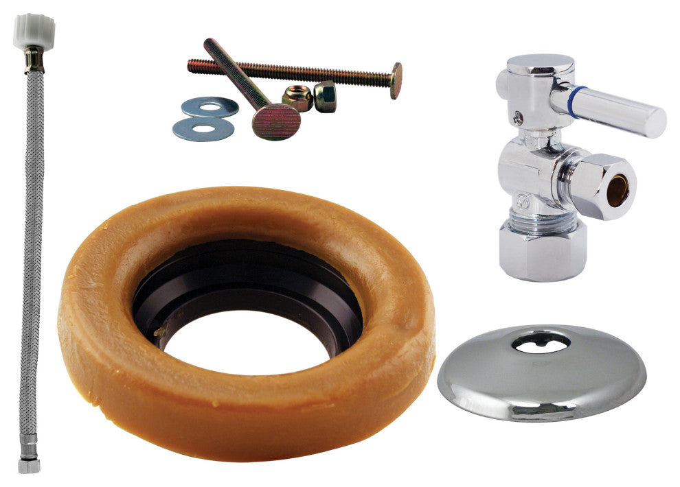 Toilet Kit With 1/4-Turn Stop And Wax Ring - Lever Handle In Polished Chrome, Polished Chrome