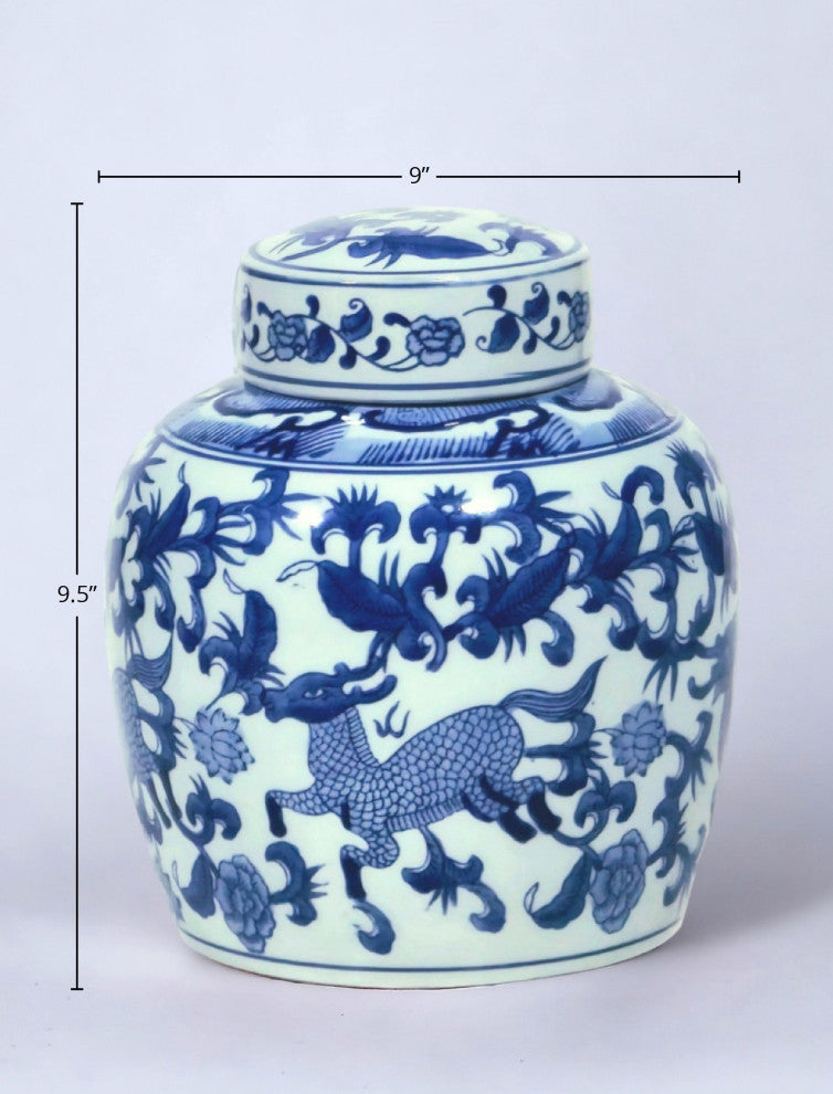 9" Porcelain Ginger Jar With Chinoiserie Deer Design