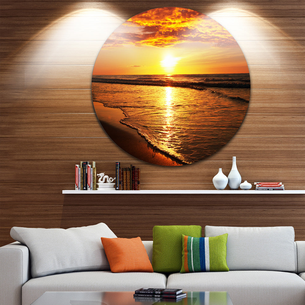 Bright Yellow Sunset Over Waves, Modern Beach Disc Metal Wall Art, 36"