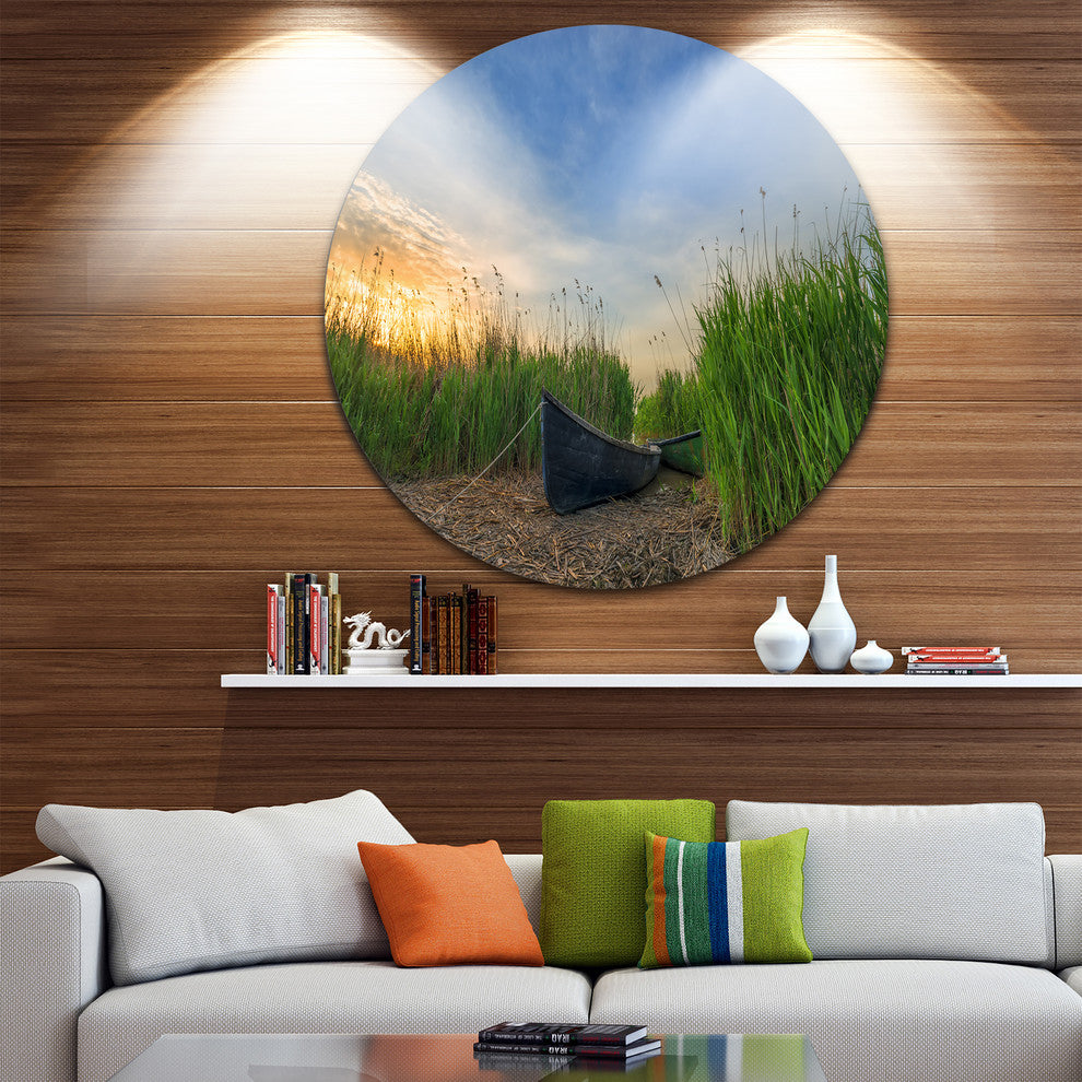 Old Fisher Boat Near Lake, Landscape Photo Disc Metal Wall Art, 11"