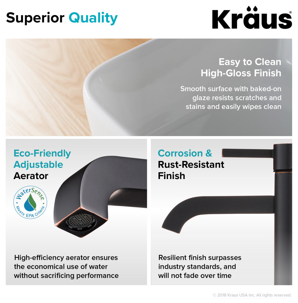Elavo Square Ceramic Vessel Sink, Bathroom Ramus Faucet, PU Drain, Oil Rubbed Bronze
