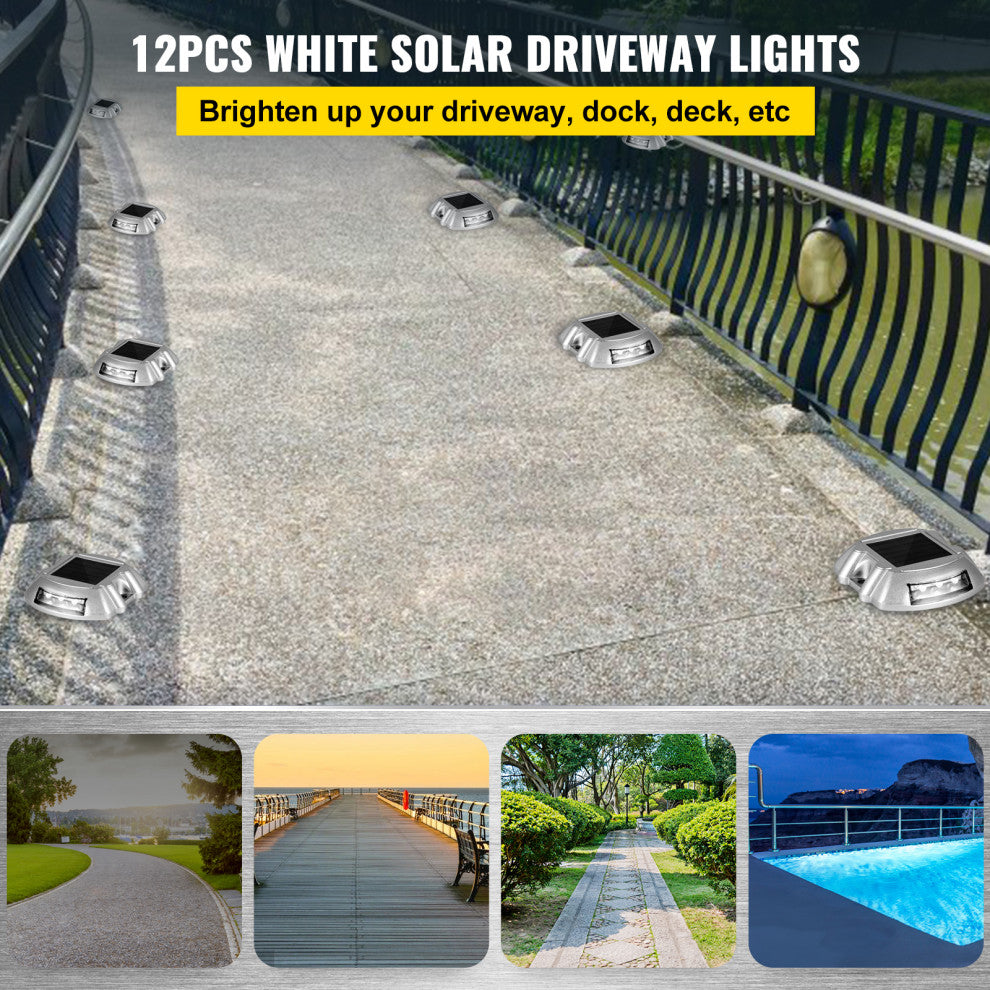 Solar Driveway Lights, Switch Button, Wireless, 6 LEDs, White, 12 Pieces