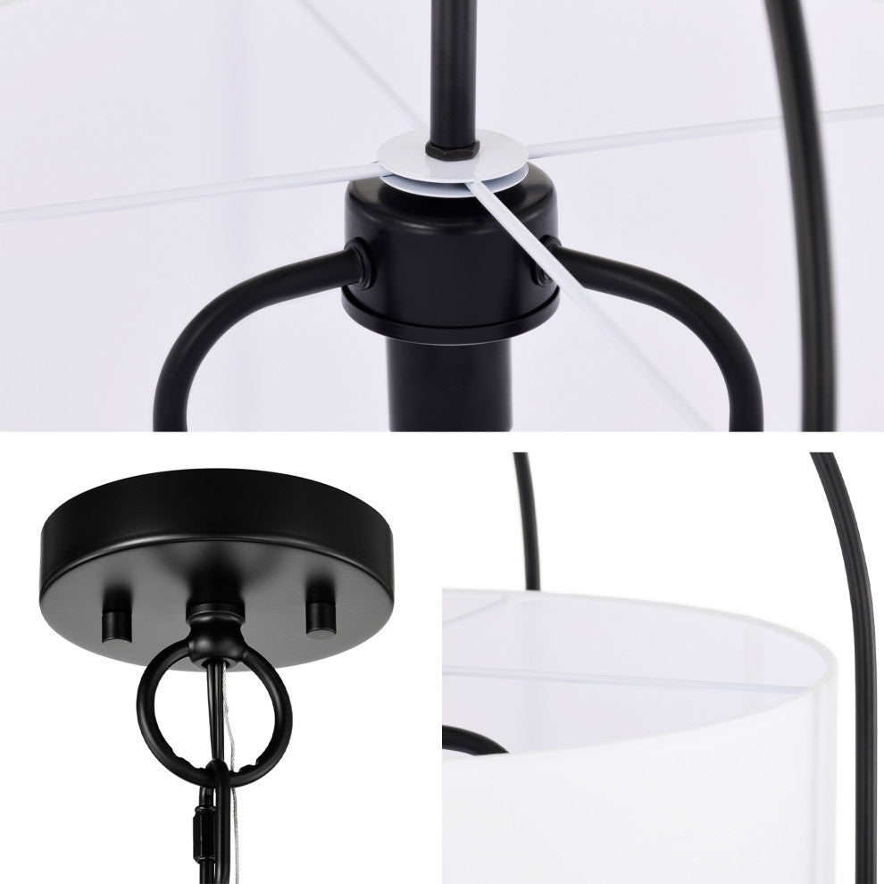 3-Light Matte Black Finish 18 in. Cage Chandelier With White Fabric Shade
