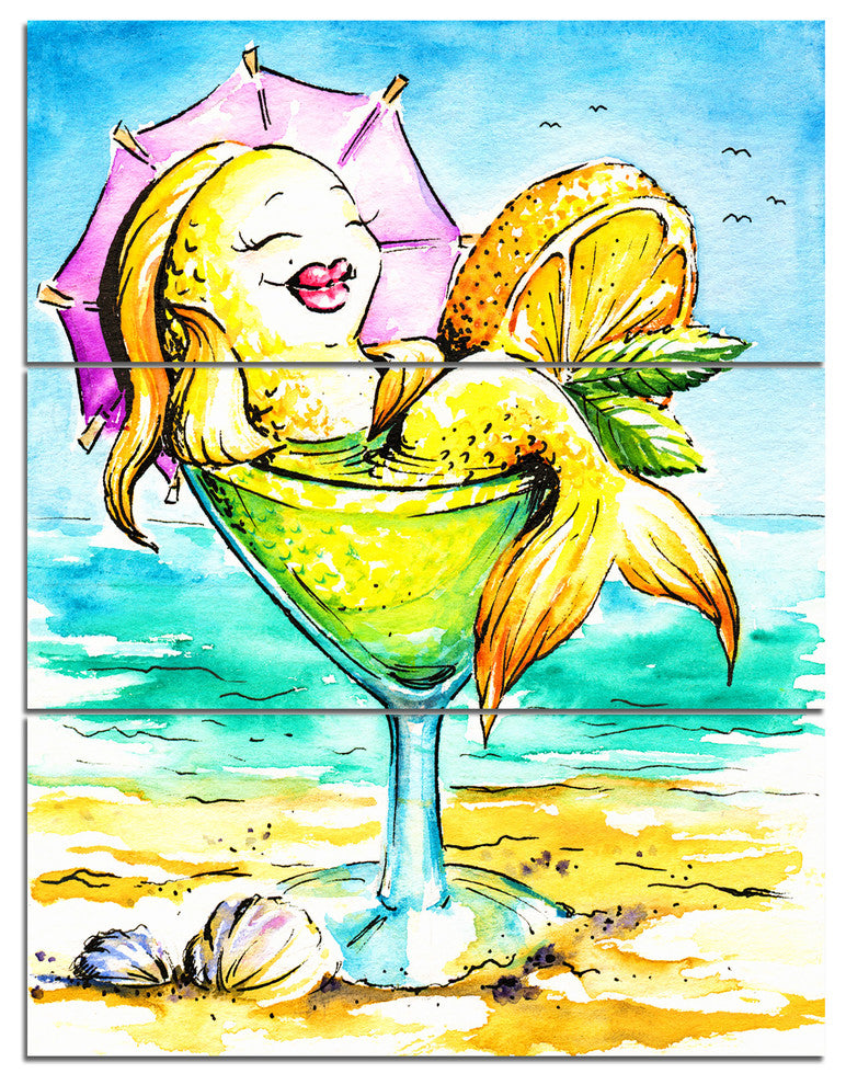 "Gold Fish Enjoying Holidays on Beach" Cartoon Print, 3 Panels, 28"x36"