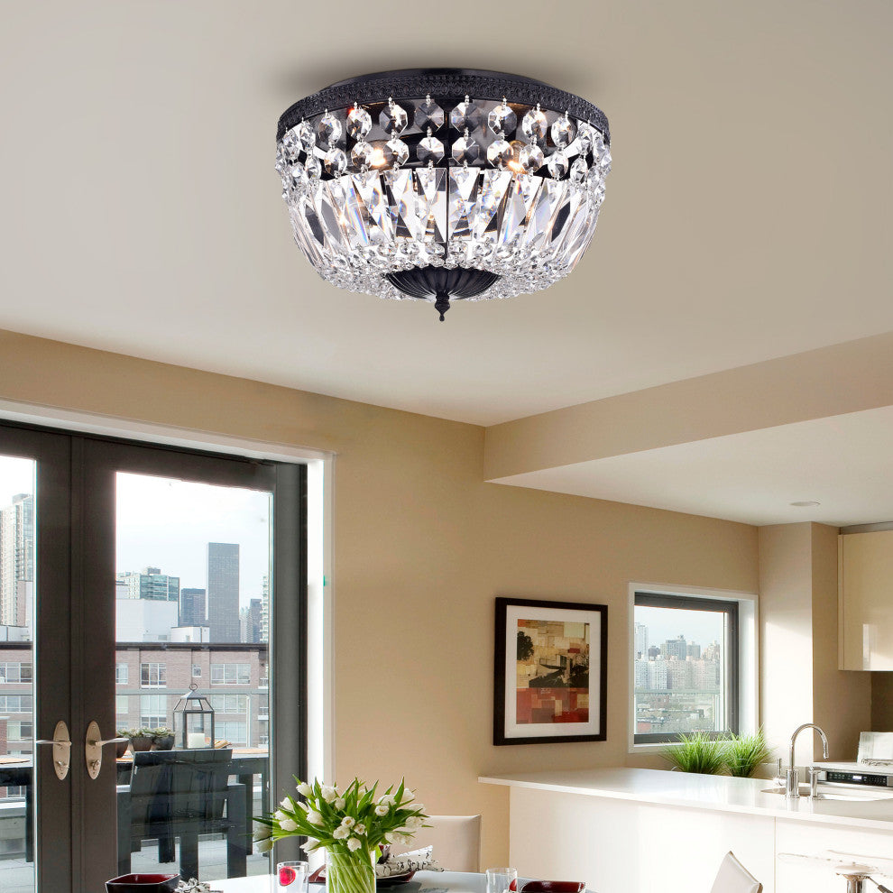 3-Light Bowl Style Crystal Basket Black Flush Mount Chandelier
