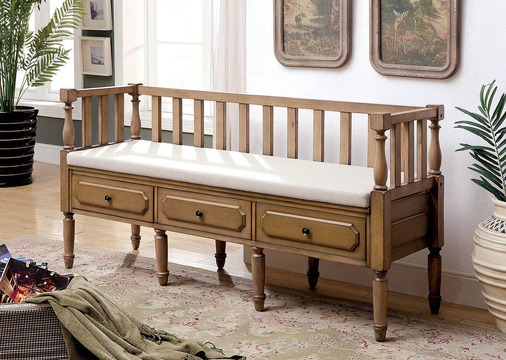 3 Drawer Transitional Wooden Bench With Slated Back, Light Natural Brown
