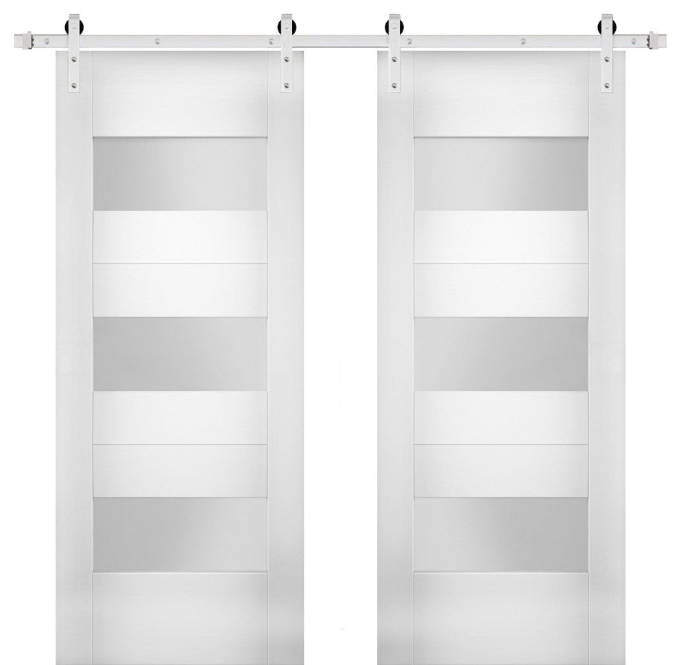 Double Barn Doors Opaque Glass / Sete 6003 White Silk / Silver 13FT Rail, 72" X 84" ( 2* 36x84)