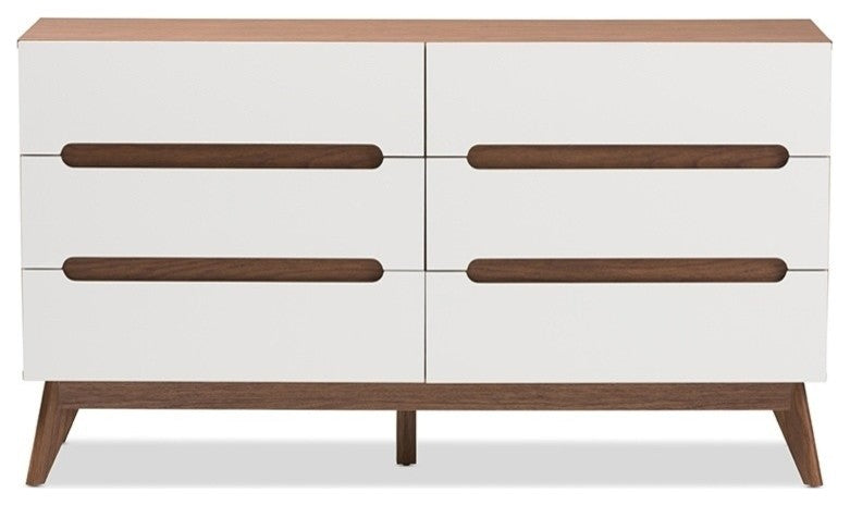 Calypso Mid-Century Modern White and Walnut Wood 6-Drawer Storage Dresser