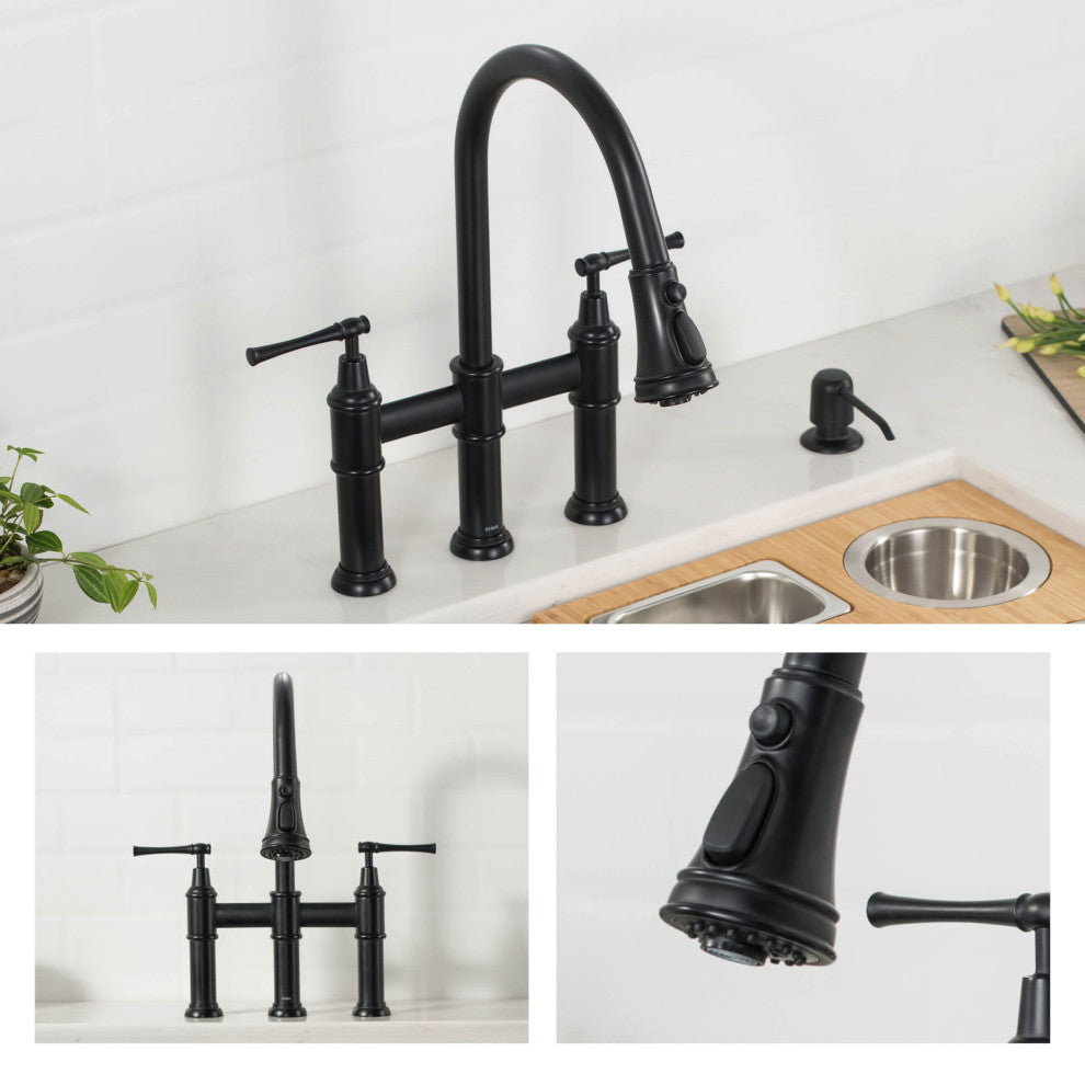 Allyn Traditional 3-Function Bridge Pull-Down Kitchen Faucet Matte Black