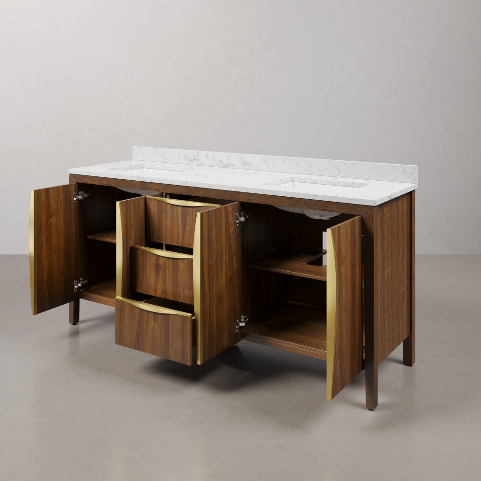 Ferrero Marble Top Bath Vanity, Nori Juglans, 72, Double Sink, No Faucet