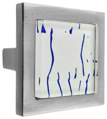 Hand Painted Abstract Blue Lines Crystal Glass Brushed Nickel Square Manor Knob