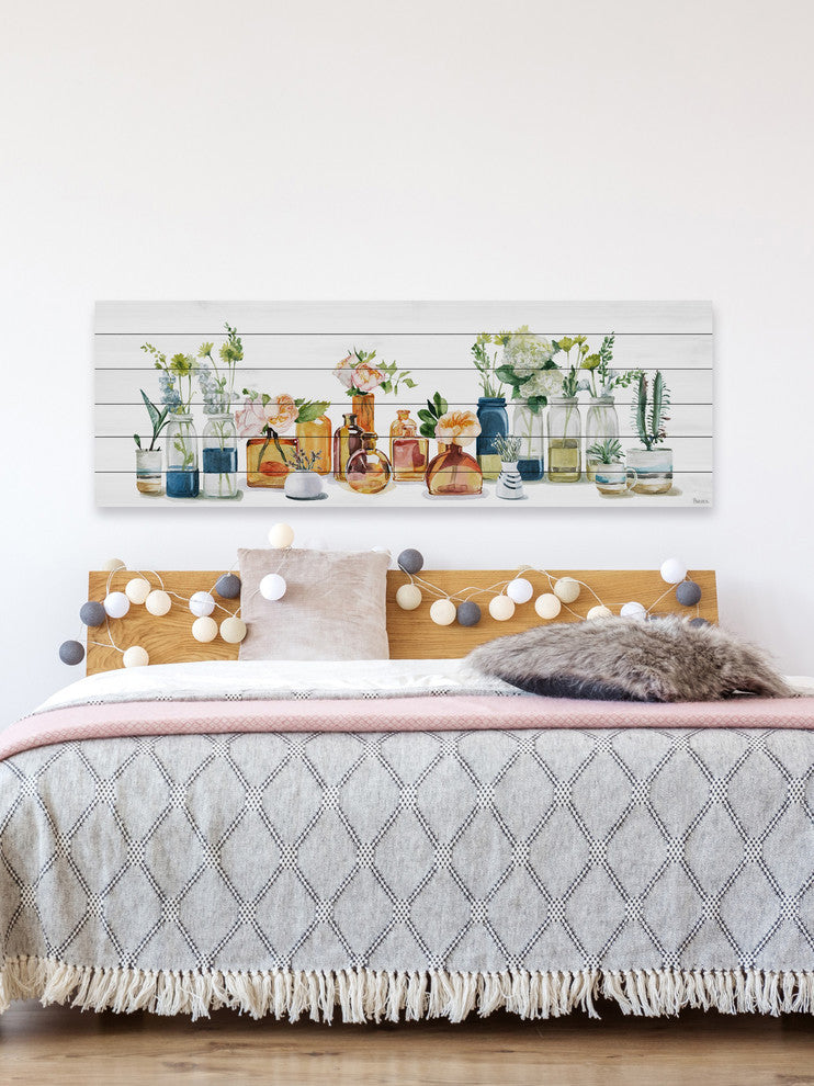 "Lined up Bottles II" Painting Print on White Wood, 60"x20"