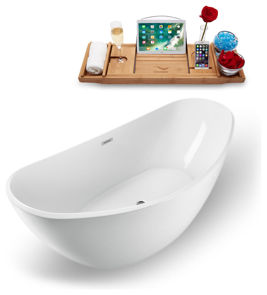75" White Freestanding Tub and Tray With Internal Drain, Oval Shaped